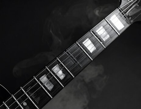Close-up in black and white of a guitar neck. It features fret markers, strings, and frets. Smoke adds atmosphere to the dark background