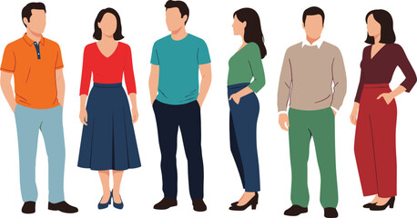 Obraz premium Casual adult people characters men and women standing modern lifestyle clothing diverse adults flat vector illustration collection set