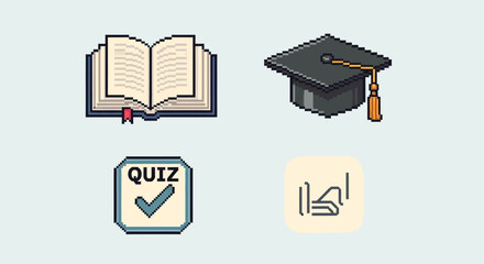 Pixel Art Education Icons: Book, Graduation Cap, Quiz, Diploma © Sifaul