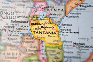 Naklejka premium Dodoma Tanzania on World Map Close Up Macro Defocused Background Geographic Image