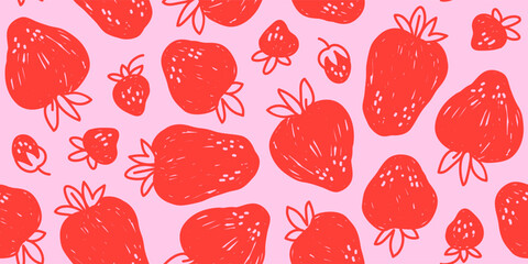 Seamless modern horizontal summer monochrome minimal bright berry pattern with small and big red strawberries on a pink background  drawing, simple cute hand-drawn vector illustration in flat style © Мария Кривецкая