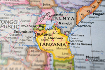 Naklejka premium Defocused World Map Background Highlighting Burundi Geography and Travel Concept