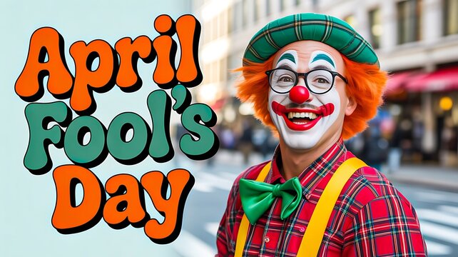April fools day celebration with clown face makeup and colorful costume in city street