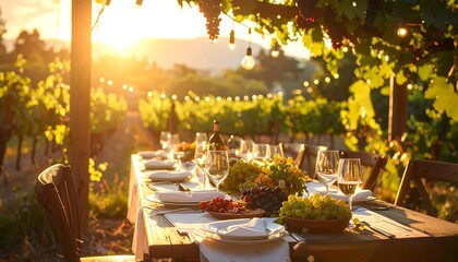 Obraz premium A serene vineyard setting with a long table set for dinner