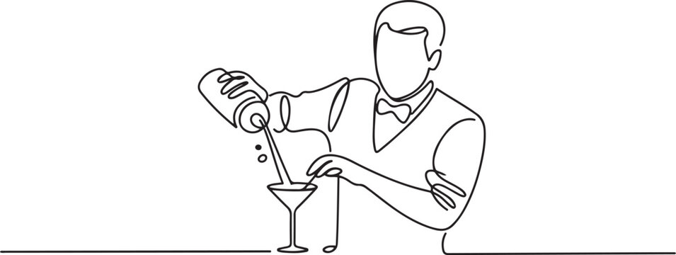 male bartender pouring a cocktail, a man serving at the bar. one line art icon drawing vector