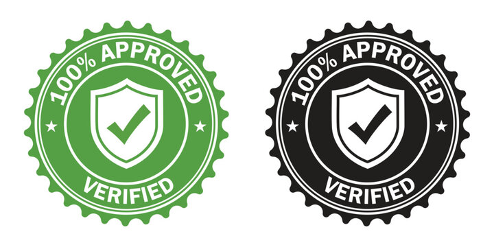 100% Approved and Verified Seal Set with Shield and Checkmark Icons for Product Quality Assurance, Security Validation, and Official Certification Lab