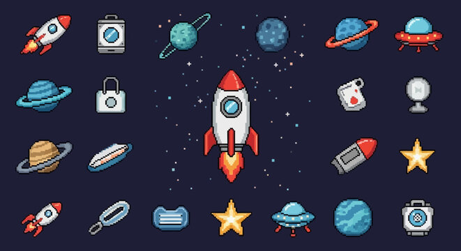 Pixel Art Space Icons Collection: Rockets, Planets, and Sci-Fi Elements
