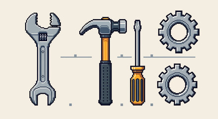Fototapeta premium Pixel Art Tools: Wrench, Hammer, Screwdriver, Gears