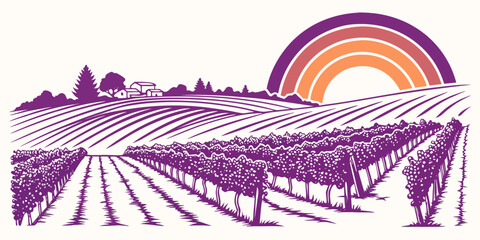 Fototapeta premium A purple illustration of a vineyard at sunset Vector