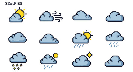 Obraz premium Pixel Art Weather Icons: Sun, Clouds, Rain, Wind, Snow, Sparkle