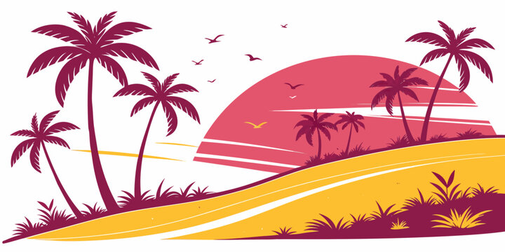 A pink and yellow illustration of a sunset on a tropical beach Vector
