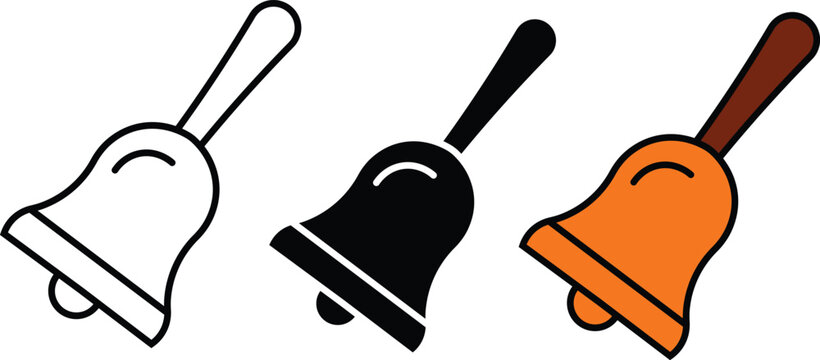 Three cartoon bells in white outline black and orange black bell orange bell white bell