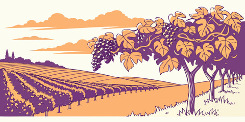 A purple and orange pixel art landscape of a vineyard Vector ©  MST RABEYA  BEGUM