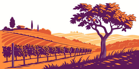 A tree stands in a vineyard on a hillside Vector ©  MST RABEYA  BEGUM