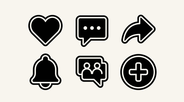 Social Media Icons: Like, Chat, Share, Notification, Friends, Add - Black and White