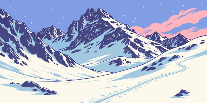 Snowy mountain range with pink clouds at sunset Vector