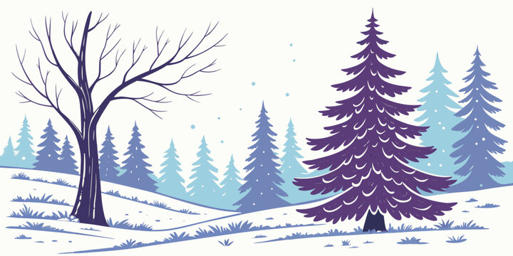 A purple pine tree in a snowy forest with a leafless tree Vector