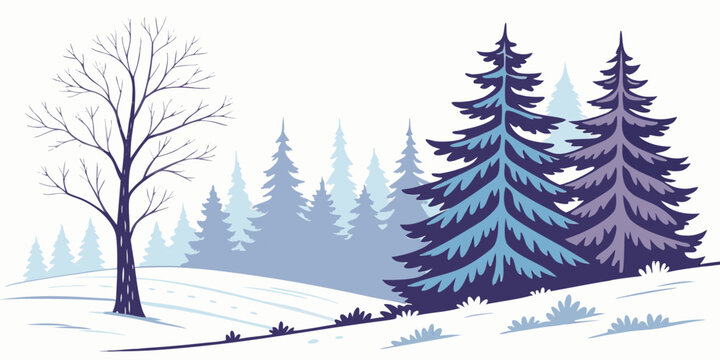 A snowy landscape with pine trees and a leafless tree Vector