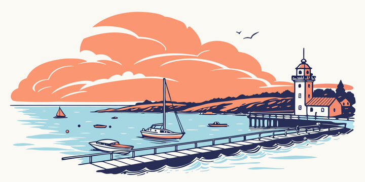 A small town by the sea with a lighthouse Vector