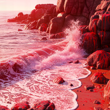 Red ocean waves crashing against rocky coastal cliffs under dramatic light, surreal sea landscape with powerful water splash and environmental pollution conceptual photography decoration background