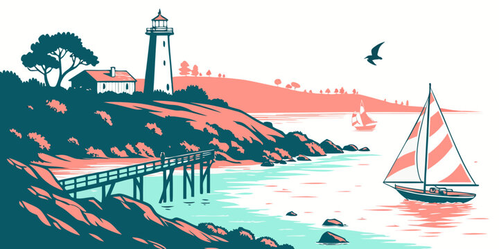 A sailboat near a lighthouse on a rocky coastline Vector