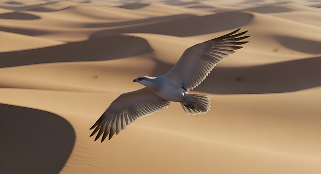 Eagle soaring over desert sand dunes, majestic flight, natural landscape