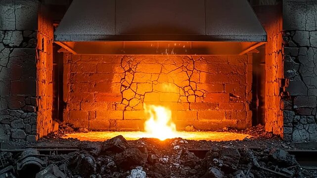 A crackling fire burns in a stone fireplace.