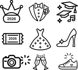 Fototapeta premium Prom Class of 2026 Line Icons Set