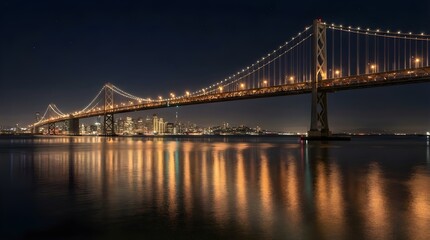 Fototapeta premium Elegant illuminated bridge across silent midnight harbor with shimmering reflections in ultra HD photography