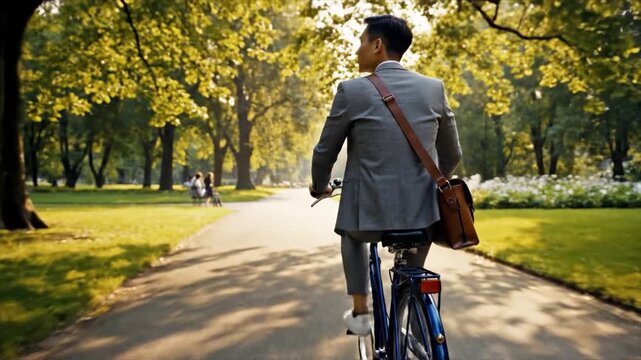 Man rides bicycle down park path wearing gray coat and bag