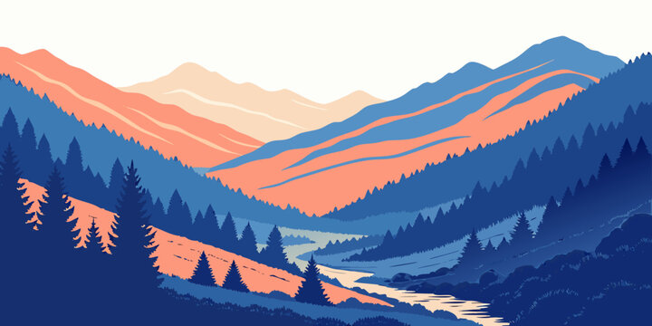 A serene mountain landscape with a river flowing through it Vector