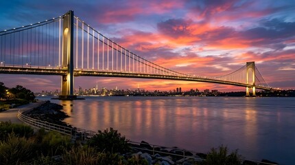 Obraz premium Modern suspension bridge glowing under vibrant sunset sky above calm bay water in ultra HD