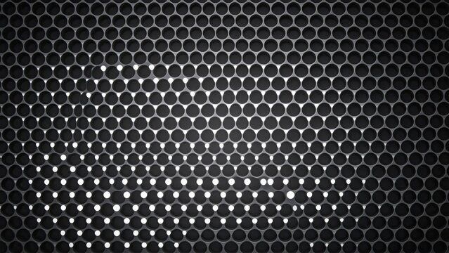 Abstract dark metallic mesh texture with circular holes modern industrial background pattern with light reflections high tech perforated surface design 3D render illustration