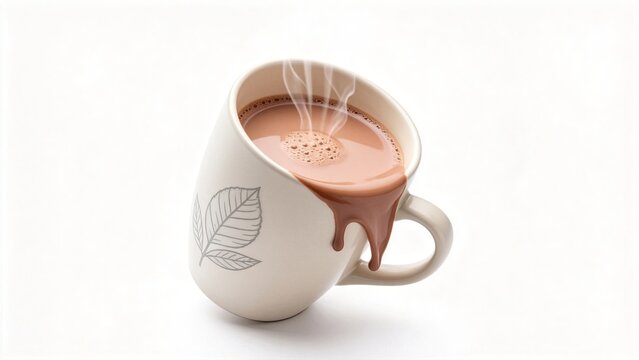 Hot chocolate drink in ceramic cup with leaf pattern steam rising rich cocoa spilling over rim isolated on white background cozy beverage concept,design,concept,creative,graphic