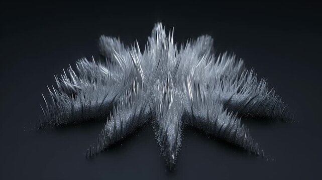 Glistening silver spiky explosion of filaments and particles erupting from a dark surface