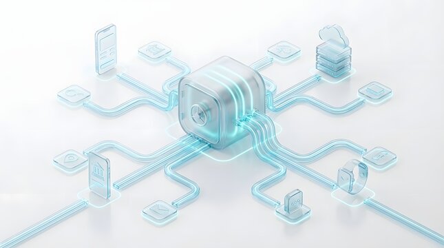 3D isometric open banking ecosystem with digital vault and glowing blue data connections on white background