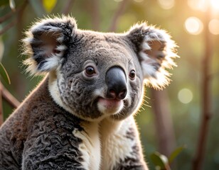 Obraz premium A close-up portrait of a koala bear, with soft fur, looking directly at the viewer. Warm sunlight bathes the scene