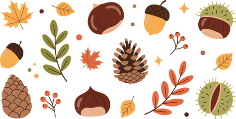Autumn forest elements vector set with pine cones, acorns, chestnuts, fall leaves and seasonal botanical collection in warm colors © MdNazmul