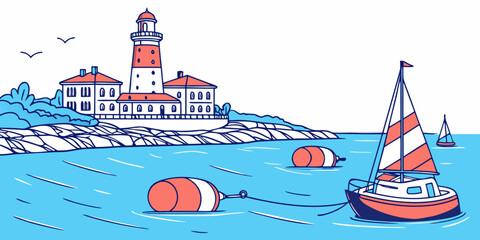 A colorful illustration of a lighthouse by the sea with a sailboat Vector ©  MST RABEYA  BEGUM