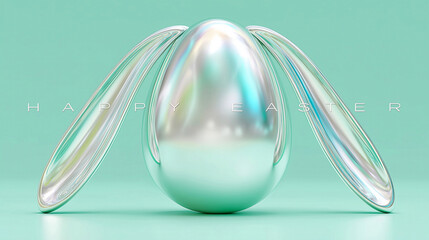 Happy Easter. A large iridescent metallic chrome Easter egg with  elongated bunny ear shapes. Mint green background.  © sunfe