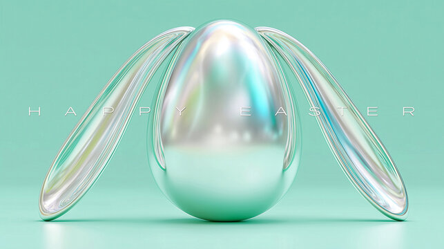 Happy Easter. A large iridescent metallic chrome Easter egg with  elongated bunny ear shapes. Mint green background. 