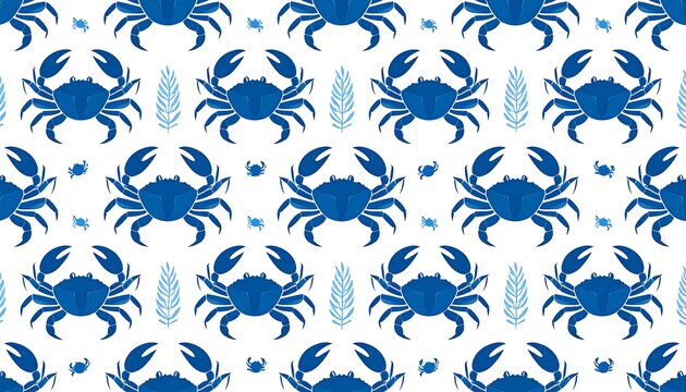 Blue crabs and fern-like elements create a repeating pattern on a white background, suggesting a coastal or nautical theme