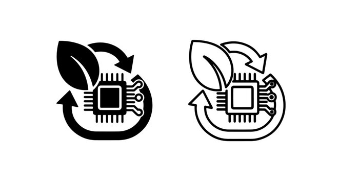 Green technology icon with microchip leaf and recycling arrow for e-waste