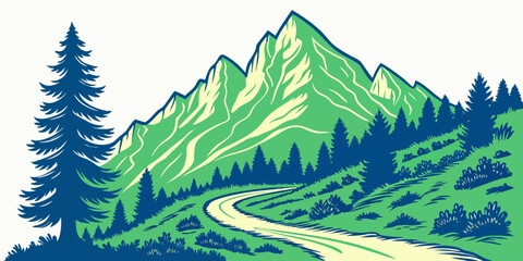 Fototapeta premium A green mountain with a winding road and trees Vector