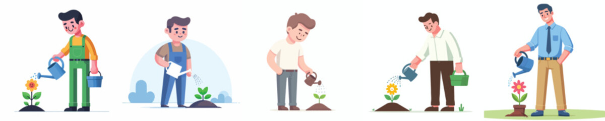 Fototapeta premium vector of a man stand watering small flower in a pot during spring