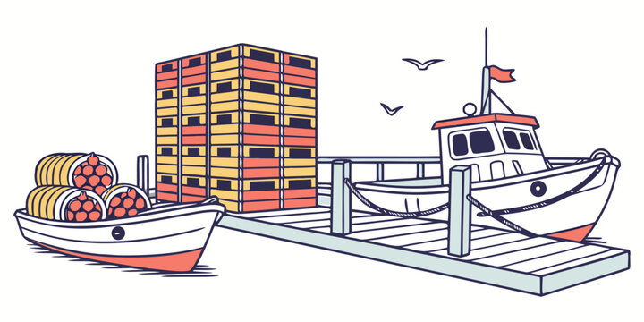 A cargo ship and a small boat are docked at a port with containers Vector