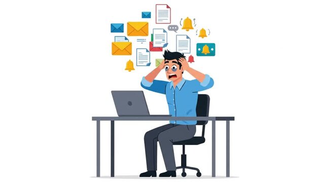Overwhelmed young businessman grappling with an excessive influx of digital notifications, emails, and documents, experiencing immense work-related stress and anxiety at his busy desk