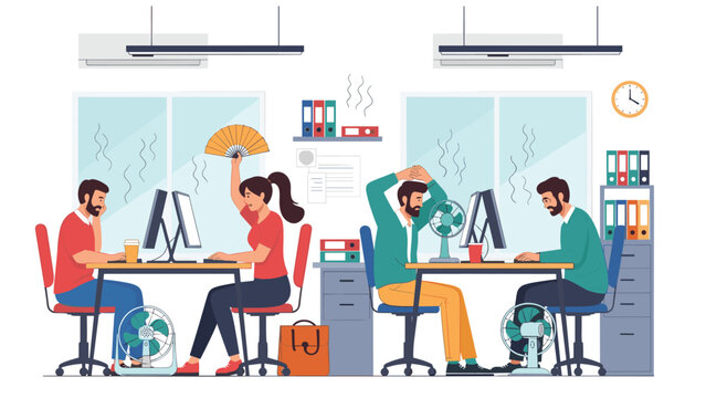 Employees suffer from extreme heat in a crowded office while using electric fans and hand fans to keep cool during a summer weather wave.