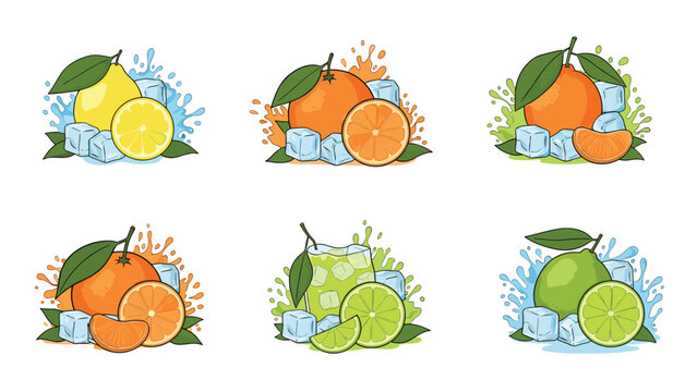 Set of six vibrant citrus fruit illustrations including oranges, lemons, and limes with ice cubes and refreshing juice splashes.