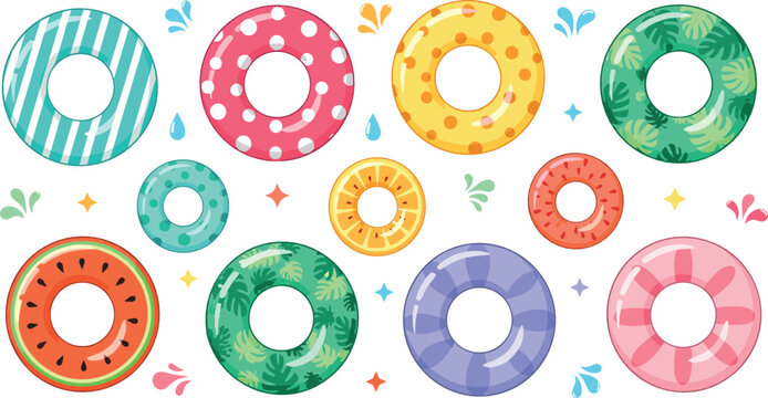 Colorful Pool Float Rings Vector Collection with Tropical Patterns Watermelon Citrus Polka Dot Inflatable Swim Tubes Illustration Set